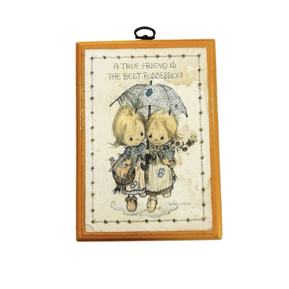Vintage 80s BETSEY CLARK Yellow Wood Plaque A True Friend Kitschy Gift Decor
